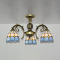 Lodge Style Stained Glass Semi Flush Light for Foyer - 3 Lights Bowl in White/Antique Brass