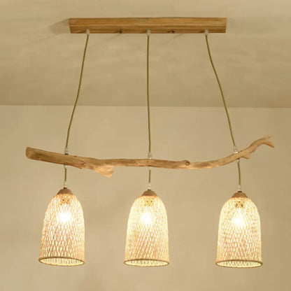 DecorBites™ Lodge Style Wood Pendant Light with Bamboo Shade - 3-Bulb Island Lamp for Restaurants