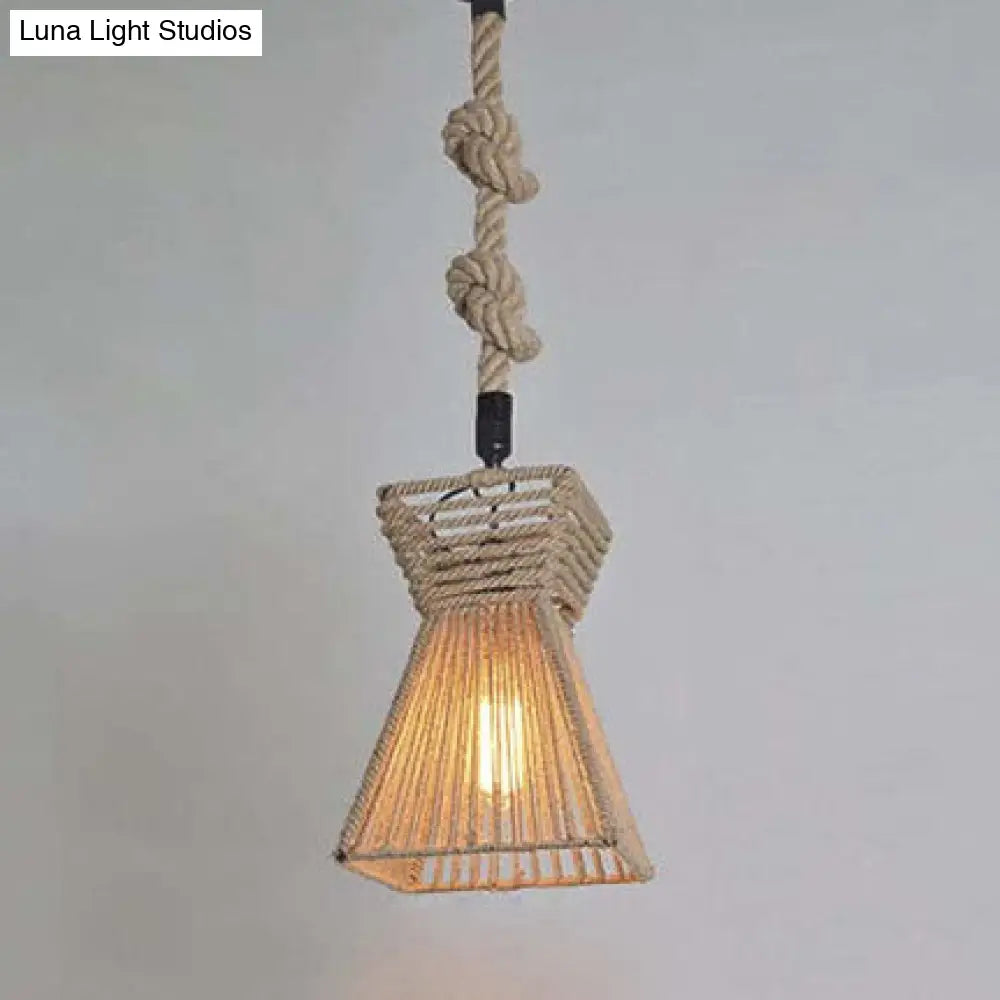 Lodge Stylish 1 Head Pendant Light - 12"/16" W - Rope Cage Shade - Hanging Fixture - Beige