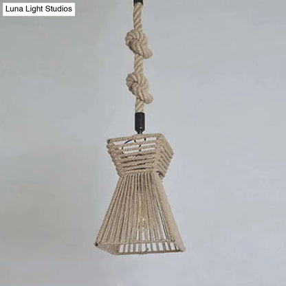 Lodge Stylish 1 Head Pendant Light - 12"/16" W - Rope Cage Shade - Hanging Fixture - Beige