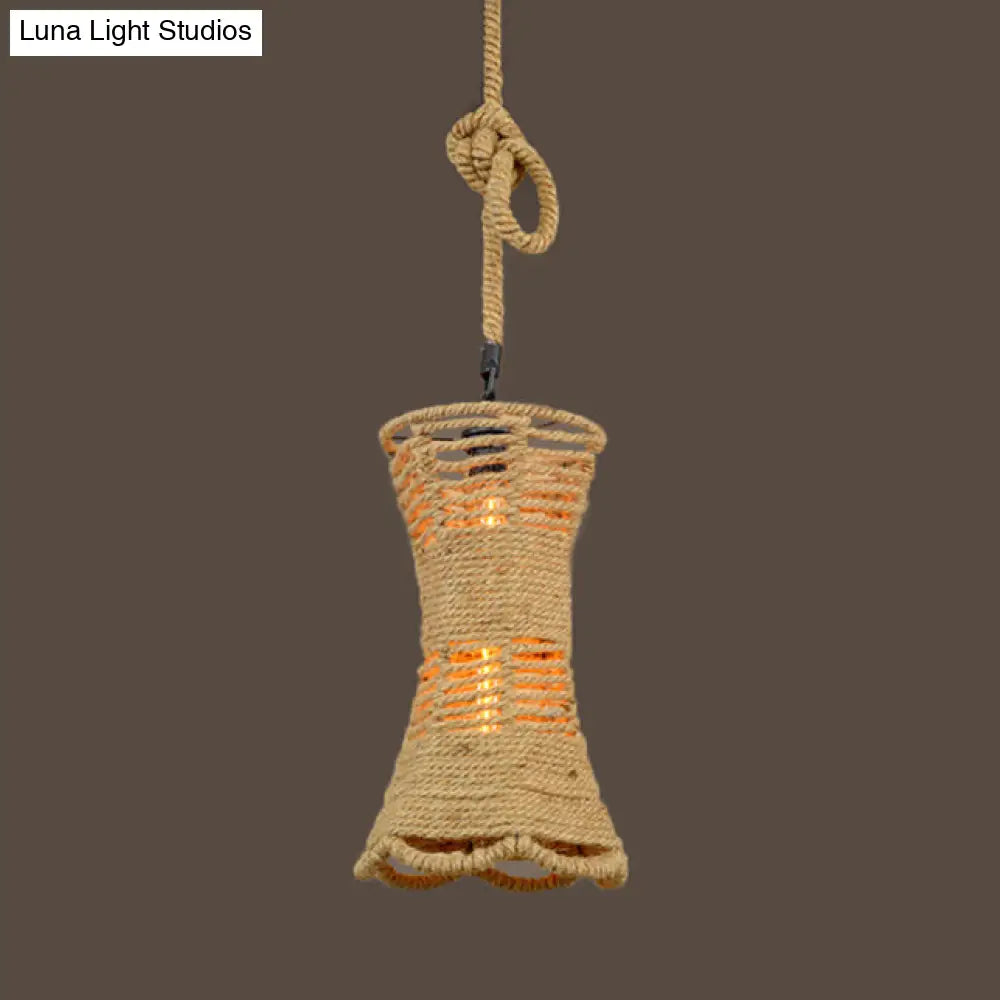 Lodge Stylish 1 Head Pendant Light - 12"/16" W - Rope Cage Shade - Hanging Fixture - Beige