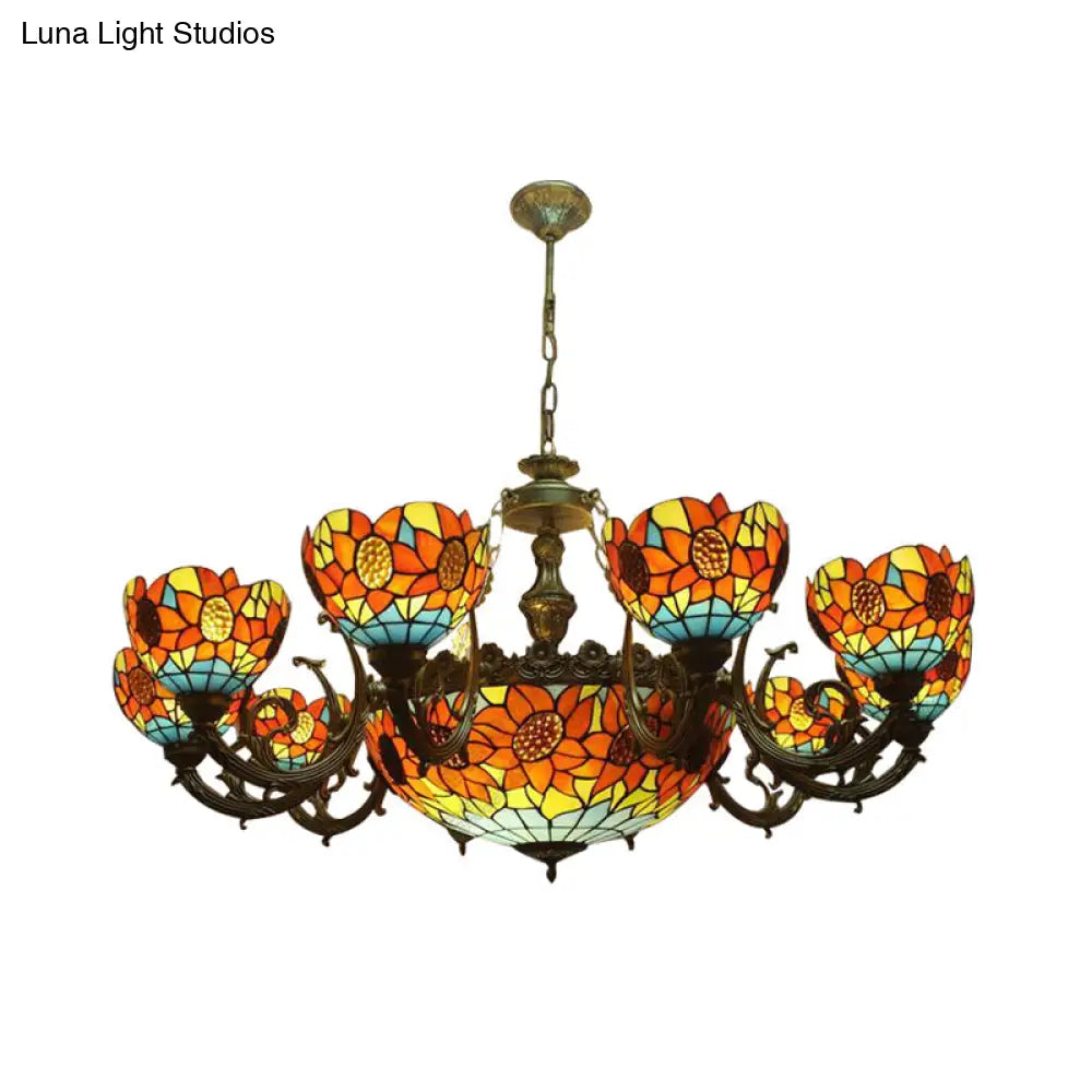 Lodge Sunflower Chandelier - Stained Glass Pendant Light (9/11/15 Lights) in Orange for Living Room