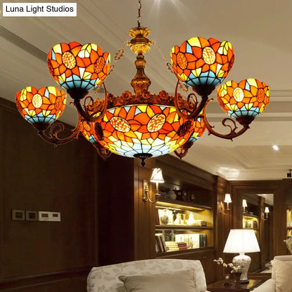 Lodge Sunflower Chandelier - Stained Glass Pendant Light (9/11/15 Lights) in Orange for Living Room