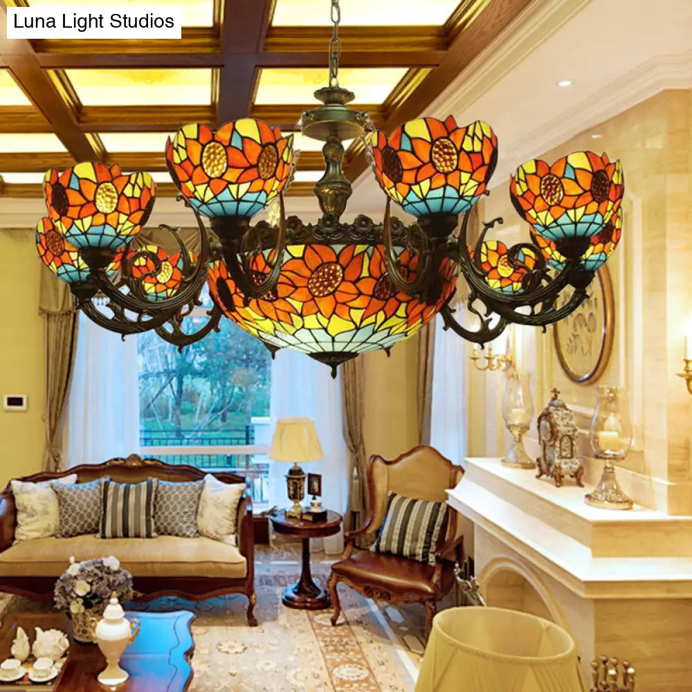 Lodge Sunflower Chandelier - Stained Glass Pendant Light (9/11/15 Lights) in Orange for Living Room