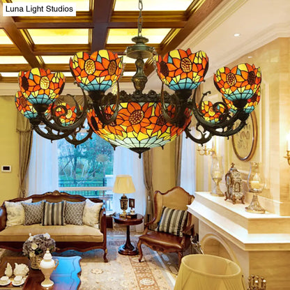 Lodge Sunflower Chandelier - Stained Glass Pendant Light (9/11/15 Lights) in Orange for Living Room