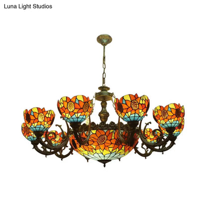 Lodge Sunflower Chandelier - Stained Glass Pendant Light (9/11/15 Lights) in Orange for Living Room