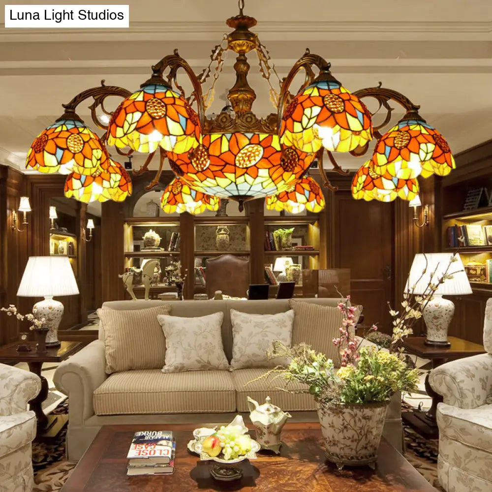 Lodge Sunflower Chandelier - Stained Glass Pendant Light (9/11/15 Lights) in Orange for Living Room