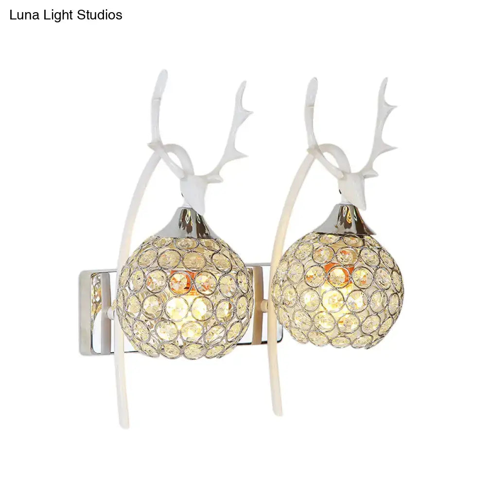 Lodge white and chrome deer wall sconce with crystal dome shade wall light for bedroom decor