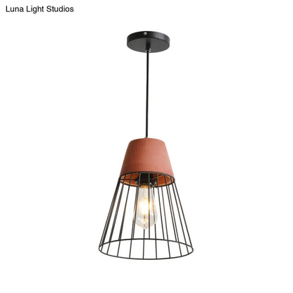 Loft Bedside Pendant Light with Cage and Cement Top in Grey/Red