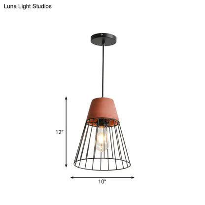 Loft Bedside Pendant Light with Cage and Cement Top in Grey/Red