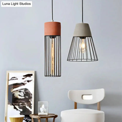 Loft Bedside Pendant Light with Cage and Cement Top in Grey/Red