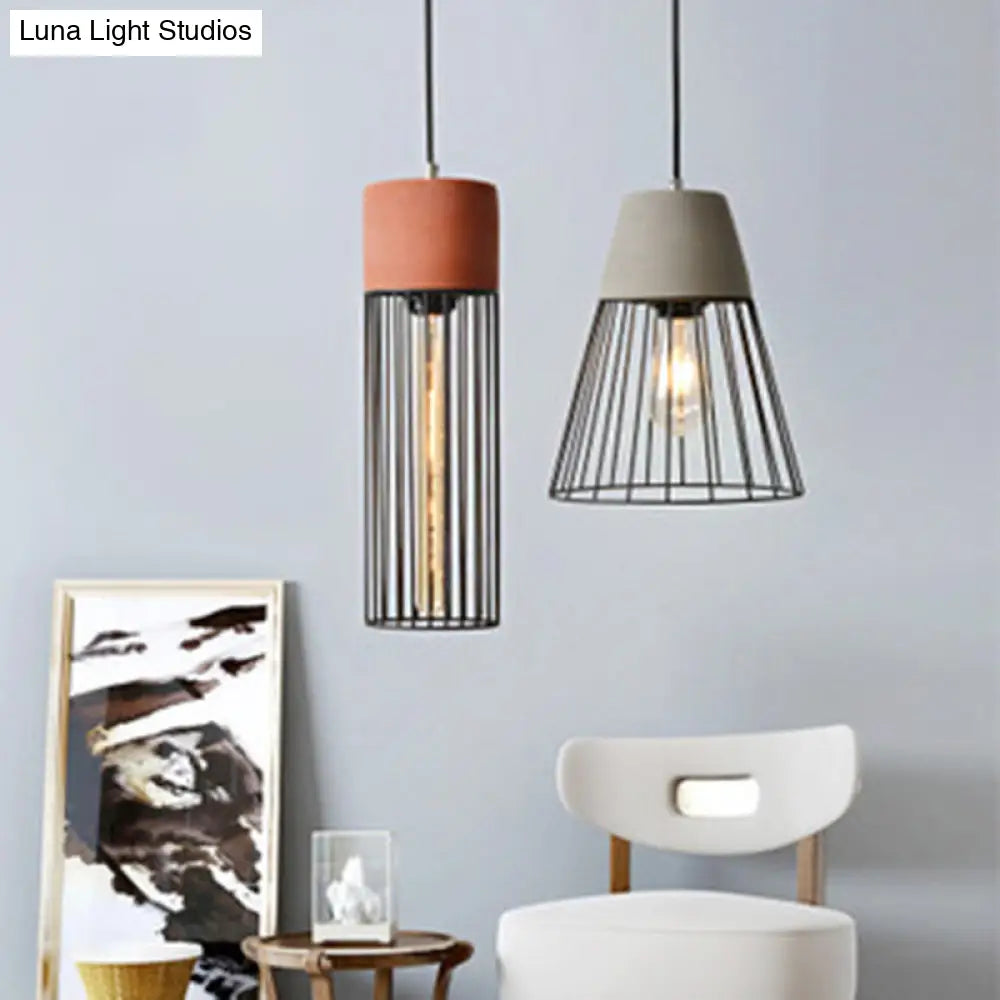 Loft Bedside Pendant Light with Cage and Cement Top in Grey/Red