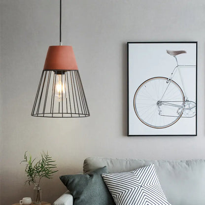 Loft Bedside Pendant Light with Cage and Cement Top in Grey/Red