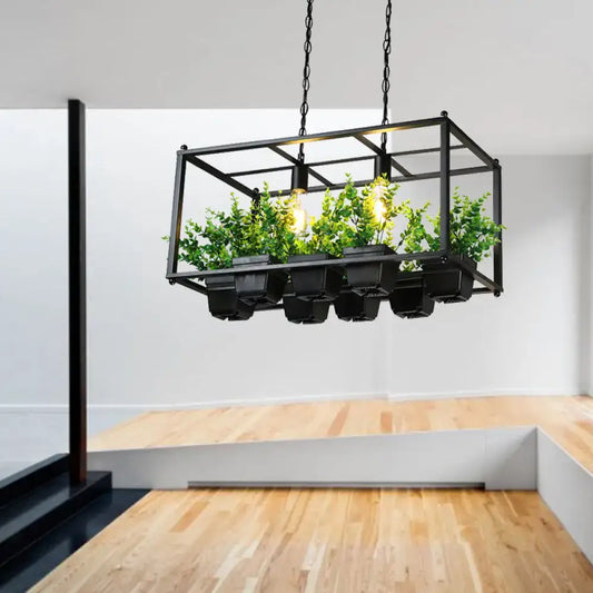 DecorBites black metal rectangular pendant light with integrated planters and warm bulbs features adjustable chain cord length and fixture width