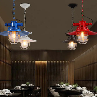 Loft Pendant Light with Metal Pendulum Saucer, Clear Glass Shade, and Cage - Red/White/Blue