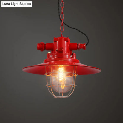 Loft Pendant Light with Metal Pendulum Saucer, Clear Glass Shade, and Cage - Red/White/Blue