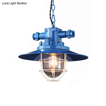 Loft Pendant Light with Metal Pendulum Saucer, Clear Glass Shade, and Cage - Red/White/Blue