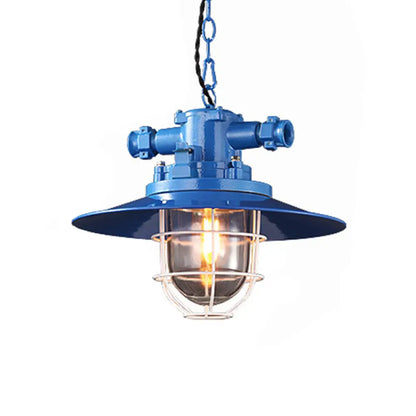 Loft Pendant Light with Metal Pendulum Saucer, Clear Glass Shade, and Cage - Red/White/Blue