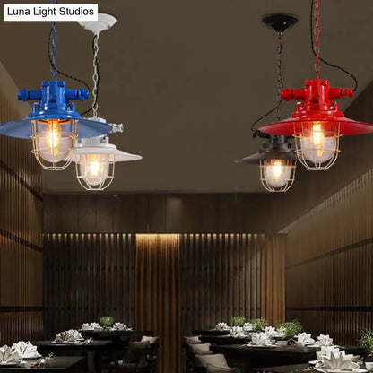 Loft Pendant Light with Metal Pendulum Saucer, Clear Glass Shade, and Cage - Red/White/Blue