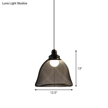 Loft Style Black Iron Mesh Drop Pendant Ceiling Suspension Lamp for Dining Room - 1-Light Dome/Bell/Oval Design