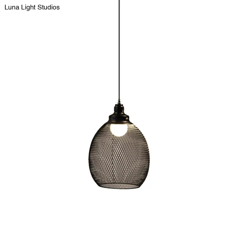 Loft Style Black Iron Mesh Drop Pendant Ceiling Suspension Lamp for Dining Room - 1-Light Dome/Bell/Oval Design