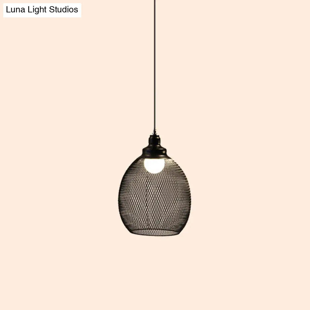 Loft Style Black Iron Mesh Drop Pendant Ceiling Suspension Lamp for Dining Room - 1-Light Dome/Bell/Oval Design