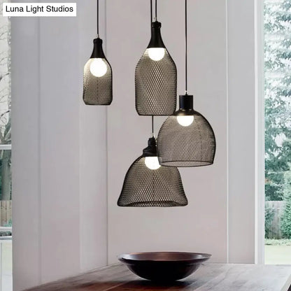 Loft Style Black Iron Mesh Drop Pendant Ceiling Suspension Lamp for Dining Room - 1-Light Dome/Bell/Oval Design