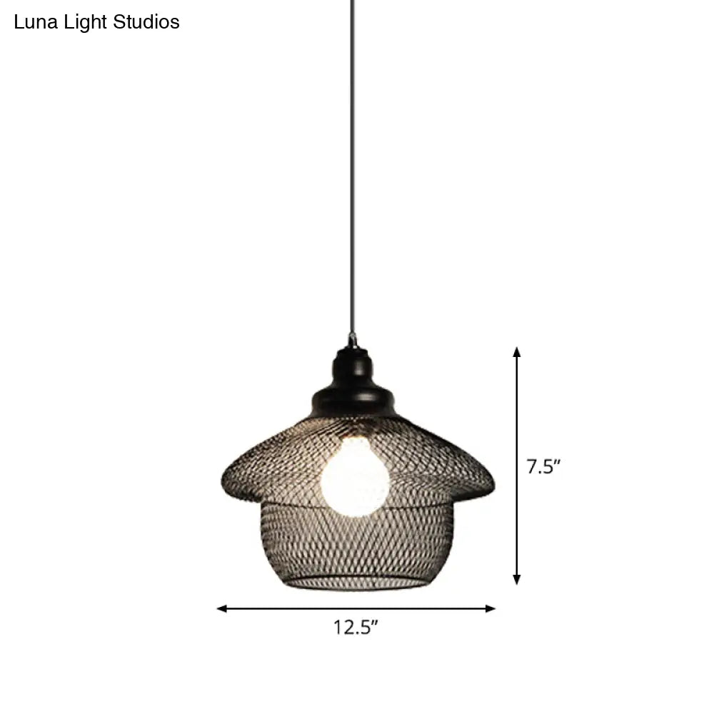 Loft Style Black Iron Mesh Drop Pendant Ceiling Suspension Lamp for Dining Room - 1-Light Dome/Bell/Oval Design