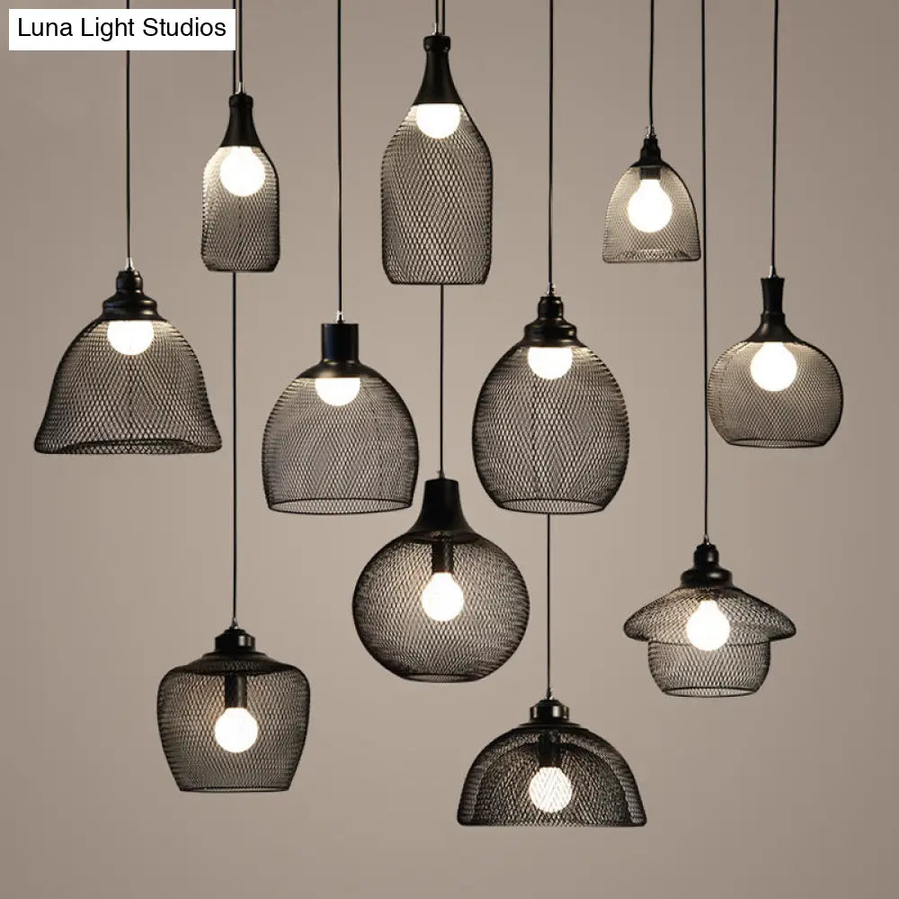 Loft Style Black Iron Mesh Drop Pendant Ceiling Suspension Lamp for Dining Room - 1-Light Dome/Bell/Oval Design