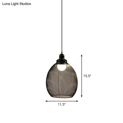 Loft Style Black Iron Mesh Drop Pendant Ceiling Suspension Lamp for Dining Room - 1-Light Dome/Bell/Oval Design