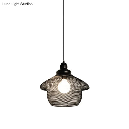 Loft Style Black Iron Mesh Drop Pendant Ceiling Suspension Lamp for Dining Room - 1-Light Dome/Bell/Oval Design