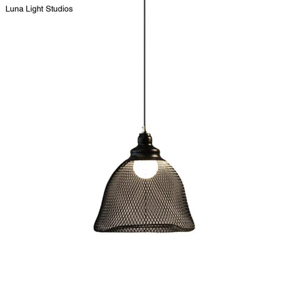 Loft Style Black Iron Mesh Drop Pendant Ceiling Suspension Lamp for Dining Room - 1-Light Dome/Bell/Oval Design