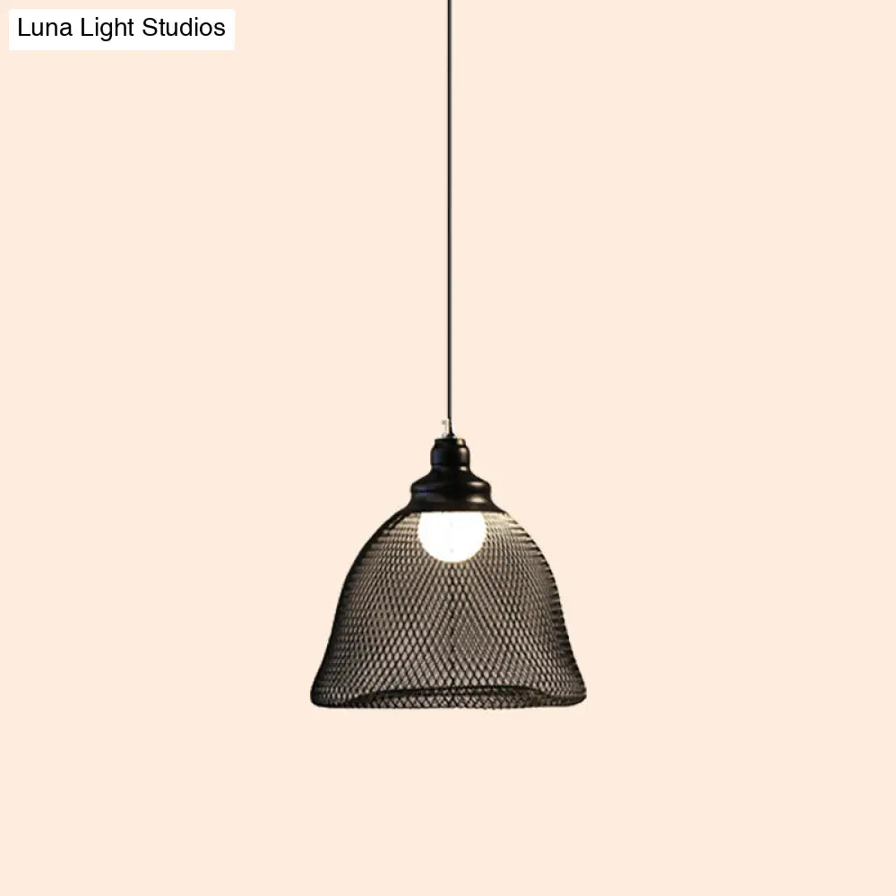 Loft Style Black Iron Mesh Drop Pendant Ceiling Suspension Lamp for Dining Room - 1-Light Dome/Bell/Oval Design