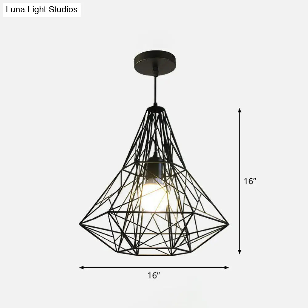 Loft Style Black Iron Wire Diamond Pendant Lamp with 1 Bulb - Restaurant Ceiling Hang Light