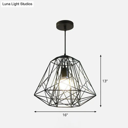 Loft Style Black Iron Wire Diamond Pendant Lamp with 1 Bulb - Restaurant Ceiling Hang Light