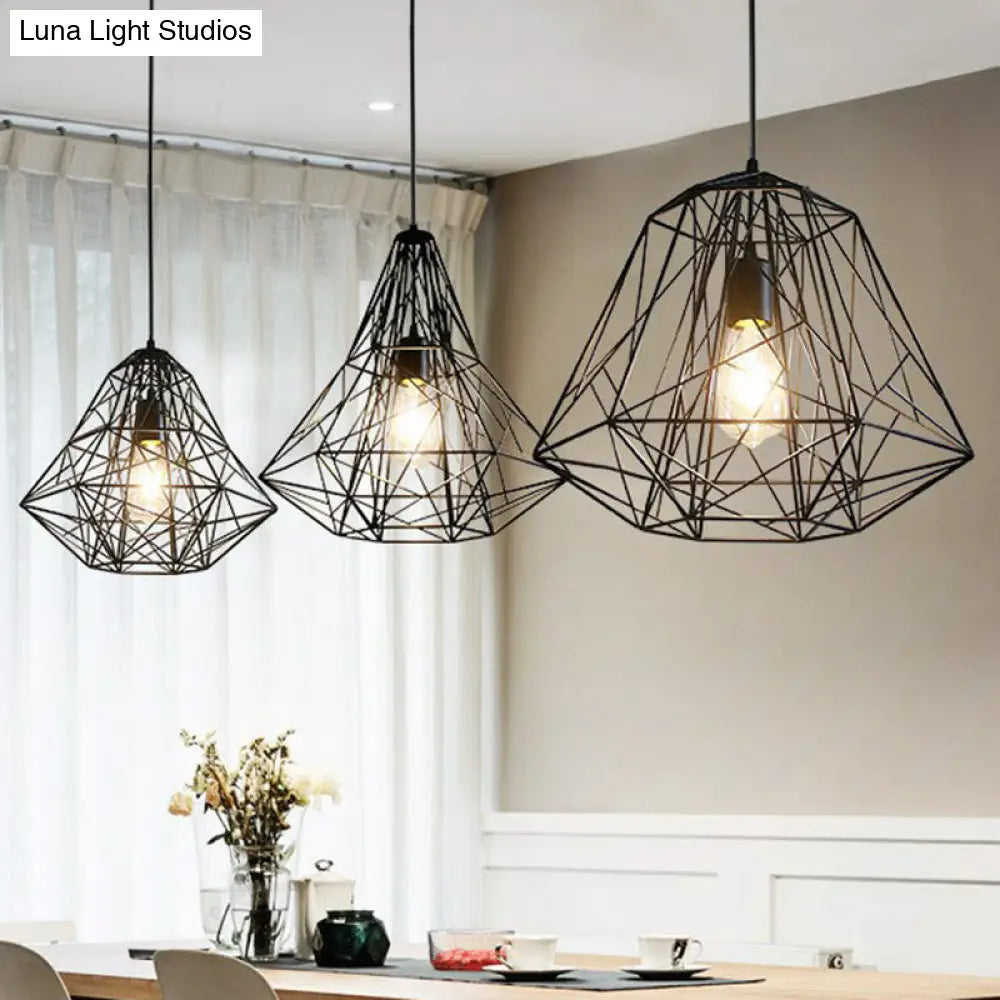 Loft Style Black Iron Wire Diamond Pendant Lamp with 1 Bulb - Restaurant Ceiling Hang Light