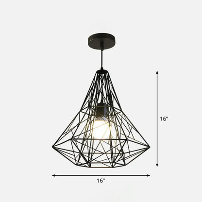 Loft Style Black Iron Wire Diamond Pendant Lamp with 1 Bulb - Restaurant Ceiling Hang Light