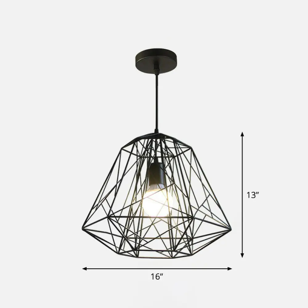 Loft Style Black Iron Wire Diamond Pendant Lamp with 1 Bulb - Restaurant Ceiling Hang Light