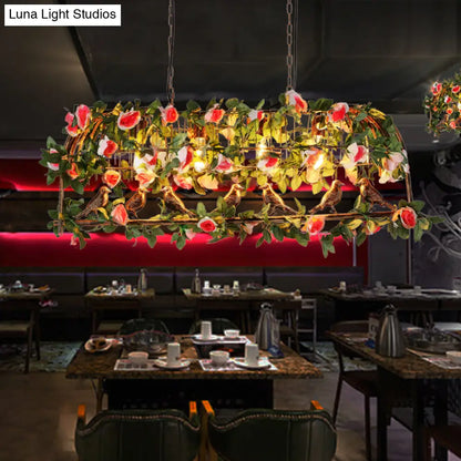 DecorBites™ Loft Style Iron Birdcage Pendant Light with Artificial Green-Pink Flower and Plant - 4 Bulbs Island Lamp