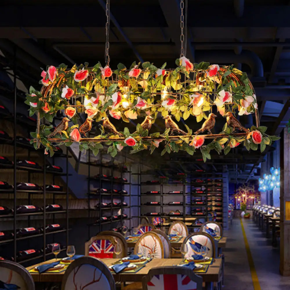 DecorBites™ Loft Style Iron Birdcage Pendant Light with Artificial Green-Pink Flower and Plant - 4 Bulbs Island Lamp