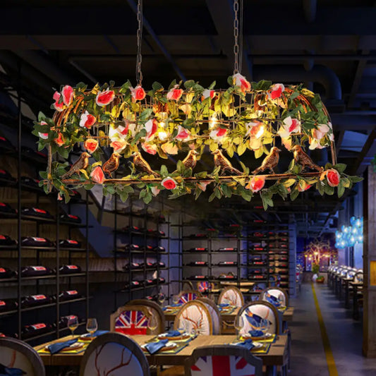 DecorBites™ Loft Style Iron Birdcage Pendant Light with Artificial Green-Pink Flower and Plant - 4 Bulbs Island Lamp