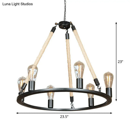 Loft Style Iron Chandelier with 6 Bare Bulb Heads and Rope Cord