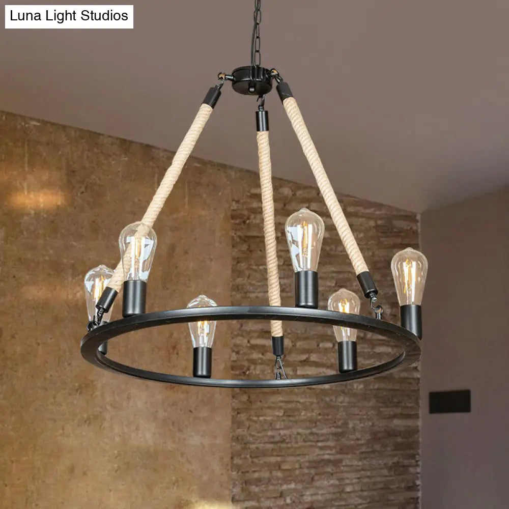 Loft Style Iron Chandelier with 6 Bare Bulb Heads and Rope Cord