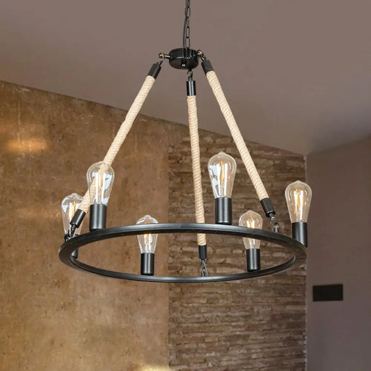 Loft Style Iron Chandelier with 6 Bare Bulb Heads and Rope Cord