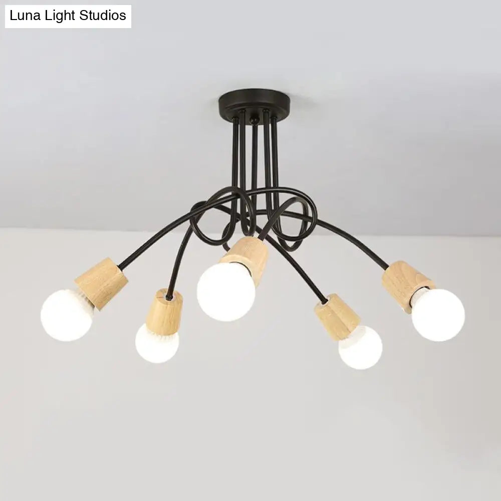 DecorBites™ DecorBites™ Loft Style Metal Ceiling Light with Open Bulb & Twisted Arm – 3/5 Lights, Wood Accent – Perfect for Kitchen & Semi Flush Pendant