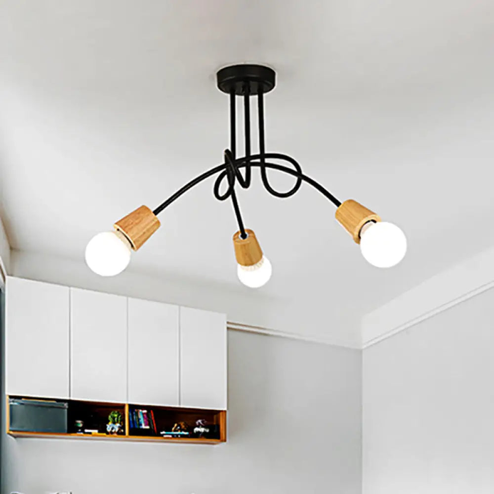 DecorBites™ DecorBites™ Loft Style Metal Ceiling Light with Open Bulb & Twisted Arm – 3/5 Lights, Wood Accent – Perfect for Kitchen & Semi Flush Pendant