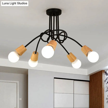 DecorBites™ DecorBites™ Loft Style Metal Ceiling Light with Open Bulb & Twisted Arm – 3/5 Lights, Wood Accent – Perfect for Kitchen & Semi Flush Pendant
