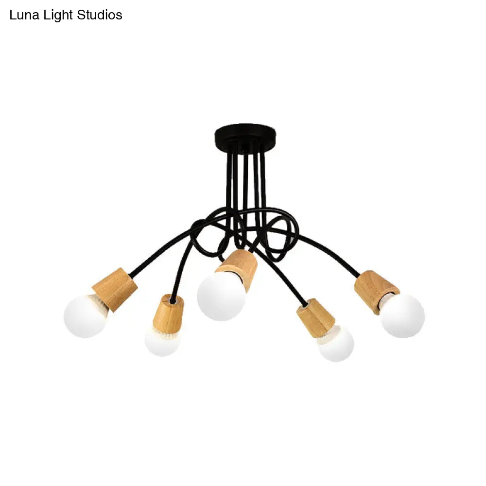 DecorBites™ DecorBites™ Loft Style Metal Ceiling Light with Open Bulb & Twisted Arm – 3/5 Lights, Wood Accent – Perfect for Kitchen & Semi Flush Pendant