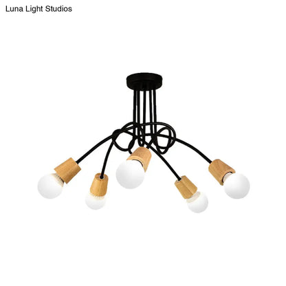 DecorBites™ DecorBites™ Loft Style Metal Ceiling Light with Open Bulb & Twisted Arm – 3/5 Lights, Wood Accent – Perfect for Kitchen & Semi Flush Pendant