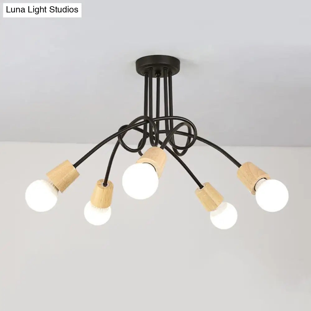 DecorBites™ DecorBites™ Loft Style Metal Ceiling Light with Open Bulb & Twisted Arm – 3/5 Lights, Wood Accent – Perfect for Kitchen & Semi Flush Pendant